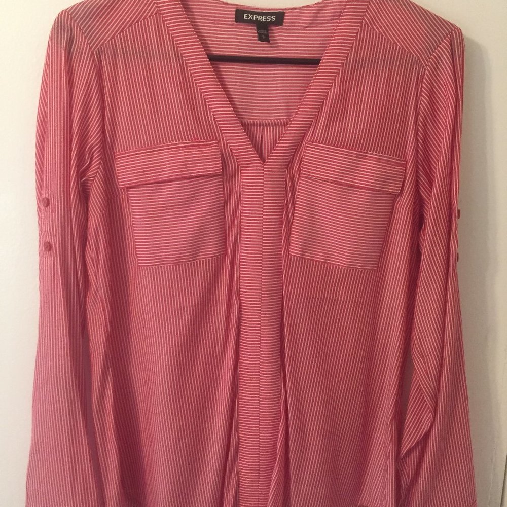 Express red striped sheer pull over dress shirt